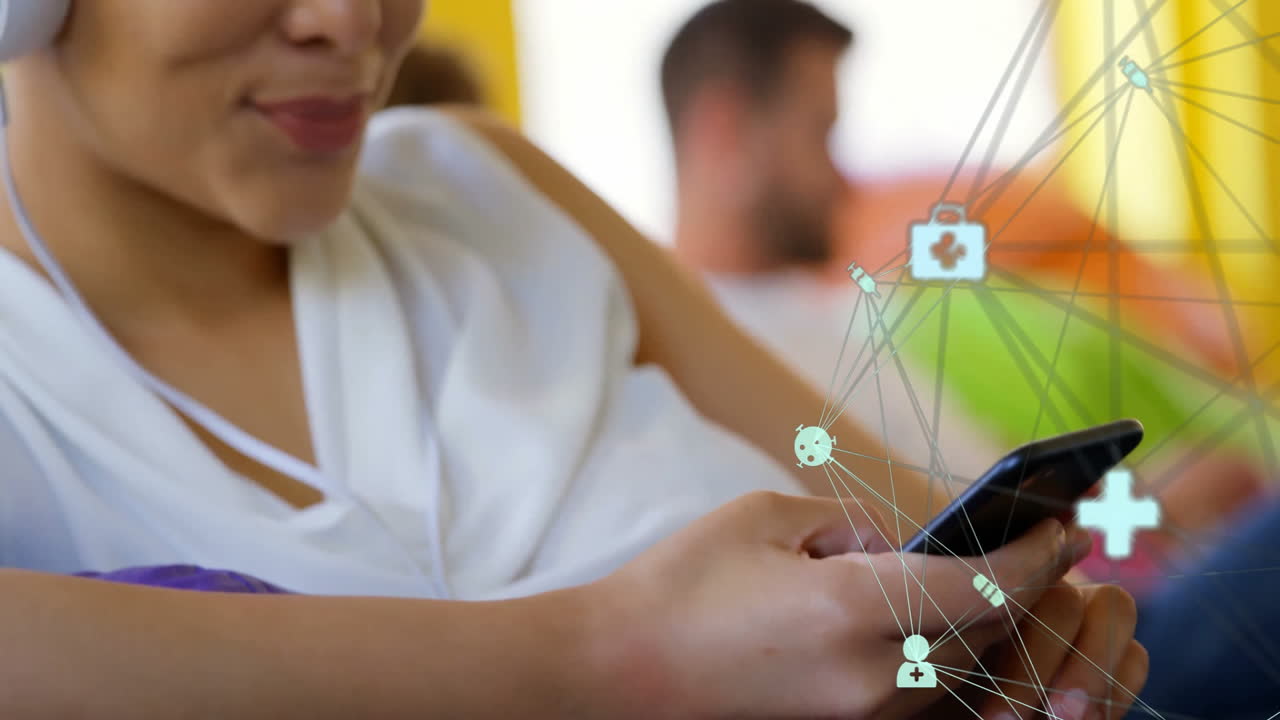 Using smartphone, woman interacting with healthcare animation in modern setting