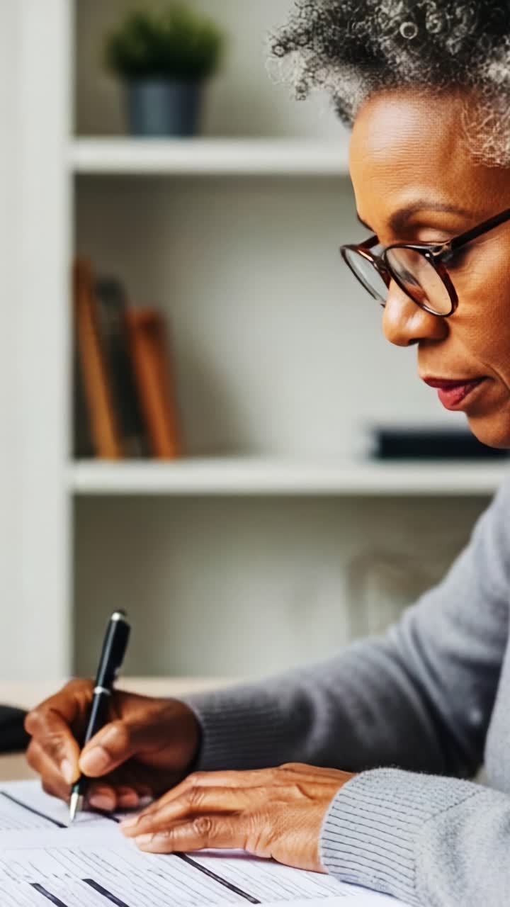 Una donna concentrata che completa diligentemente documenti importanti su una scrivania, impegnata in un lavoro orientato ai dettagli con una penna in mano, che mostra concentrazione e intento