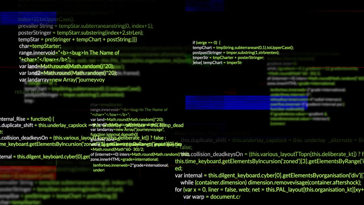 Computer code and data processing animation over black background with green text
