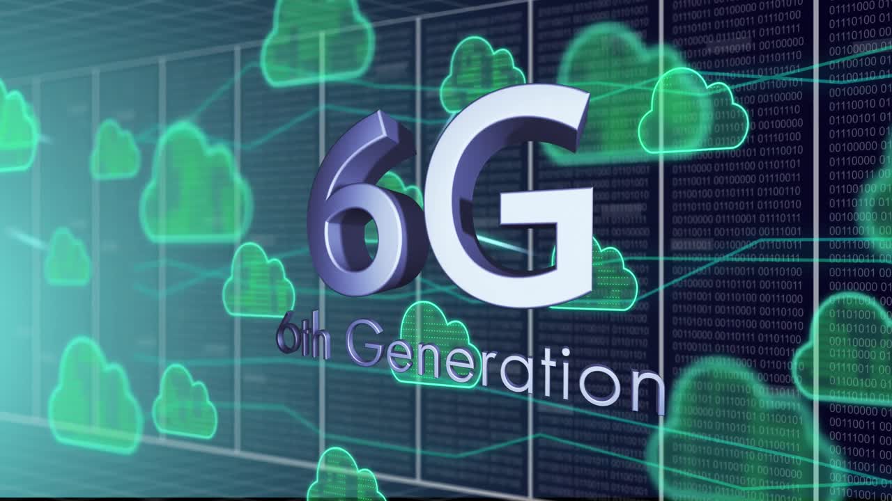 animación de texto 6g, datos binarios y nubes sobre la cuadrícula