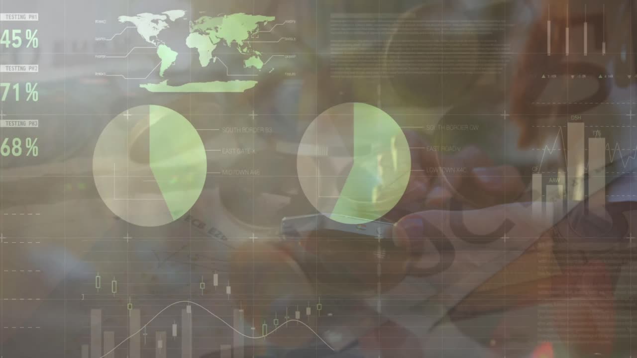 스마트 폰을 사용하는 백인 사업가 여성에 대한 데이터 처리 애니메이션