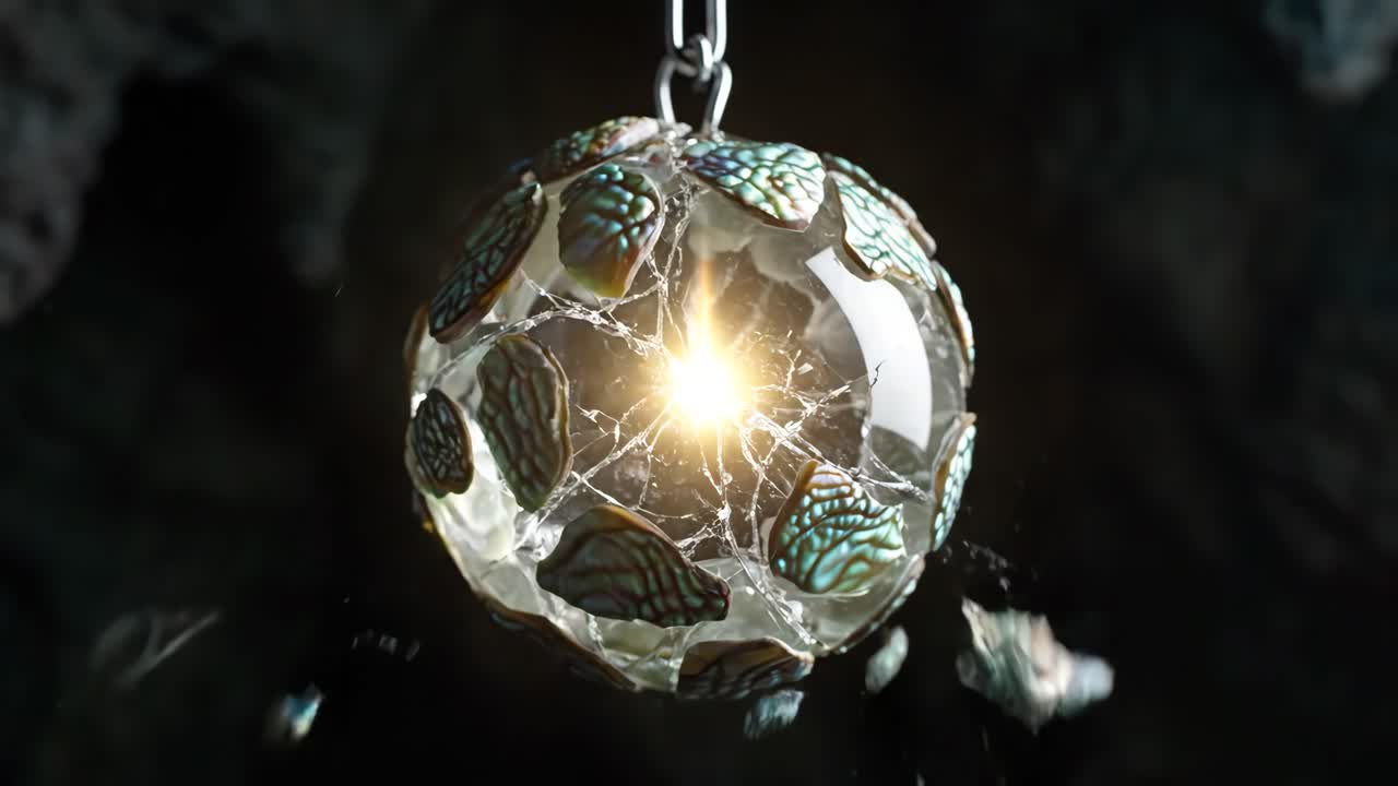 Glass orb pendant with shell pieces