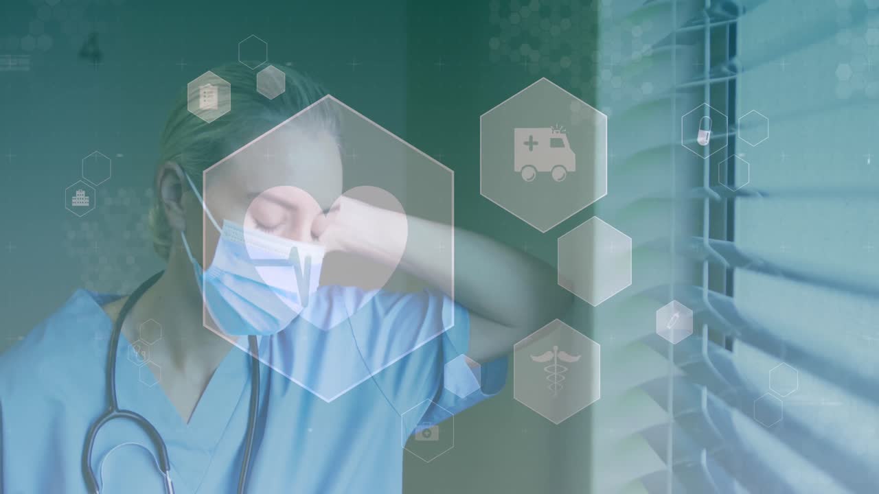 여러 아이콘의 애니메이션, 여성 백인 의사가 마스크를 착용하여 병원의 창문을 통해보고 있습니다.