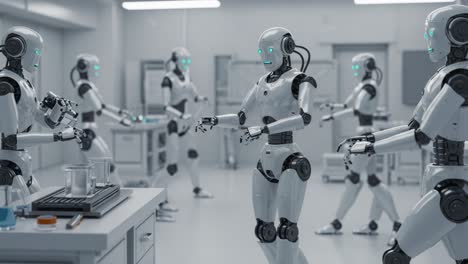 a futuristic laboratory brimming with advanced robots engaged in complex scientific experiments, showcasing the evolving symbiosis between robotics and innovation in research