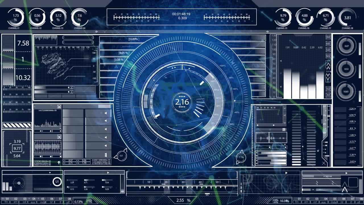Animation of interface with data processing over plexus networks against blue background