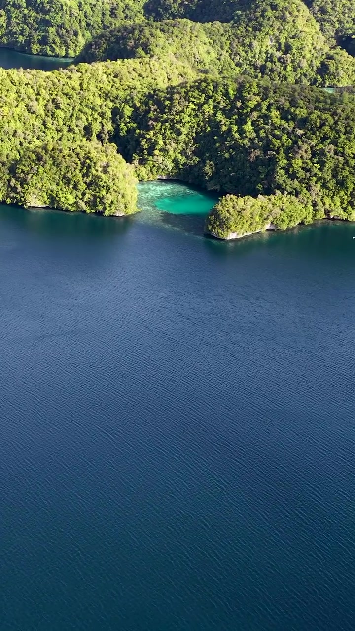 Cảnh quay drone góc cao lướt qua những hòn đảo đá vôi xanh tươi và làn nước biển xanh trong ở Nam Thái Bình Dương