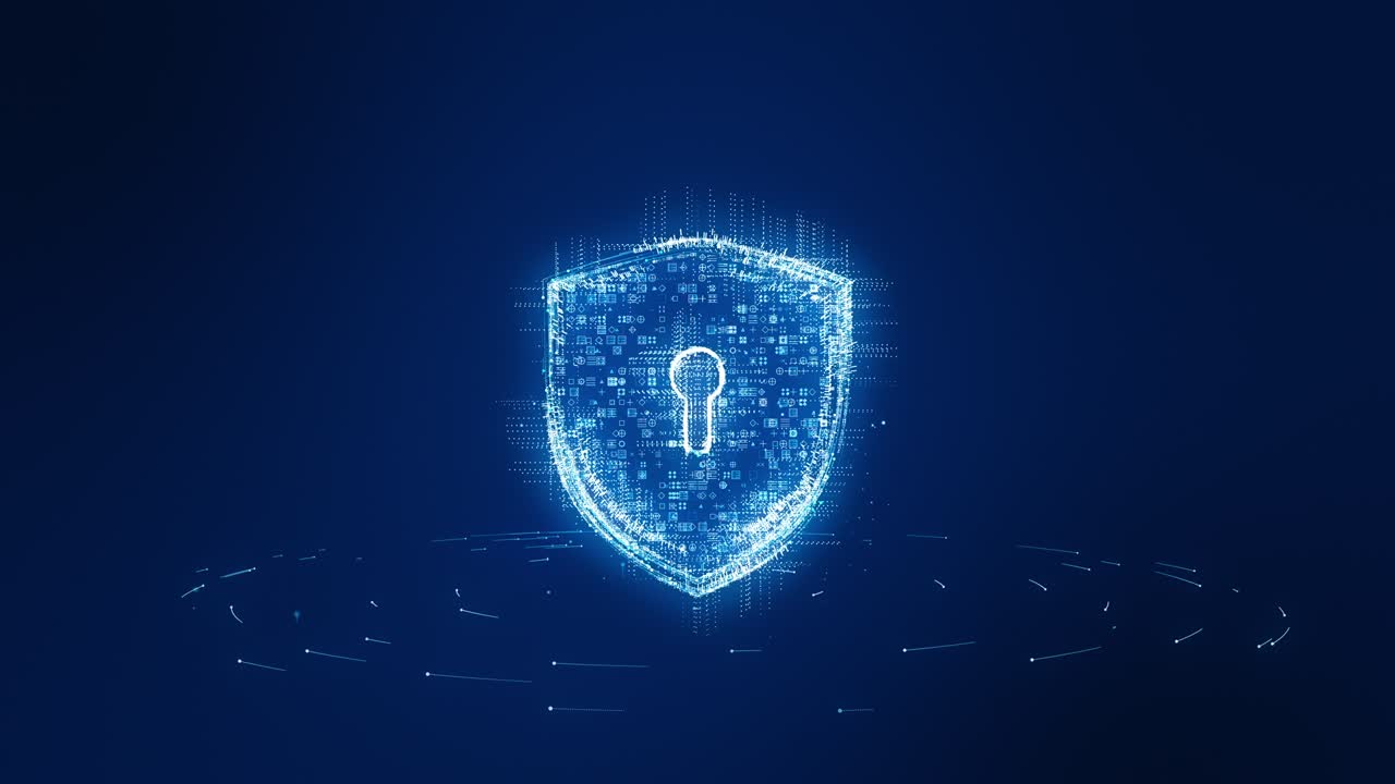 gráfico de movimiento del logotipo del escudo de partículas azules con tecnología digital futurista rotación del círculo y punto de levitación en fondo abstracto