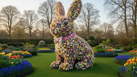 vibrant floral bunny sculpture capturing nature's beauty in a lush garden, surrounded by colorful blossoms and serenity in a stunning outdoor setting