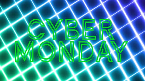 animation of cyber monday neon green text on neon glowing mesh background