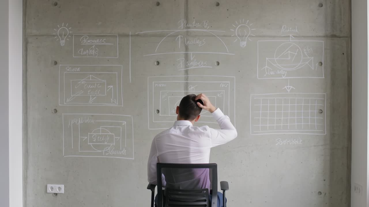 Empresario sentado frente a una pared de hormigón con complejos diagramas estratégicos e ideas de pensamiento creativo.