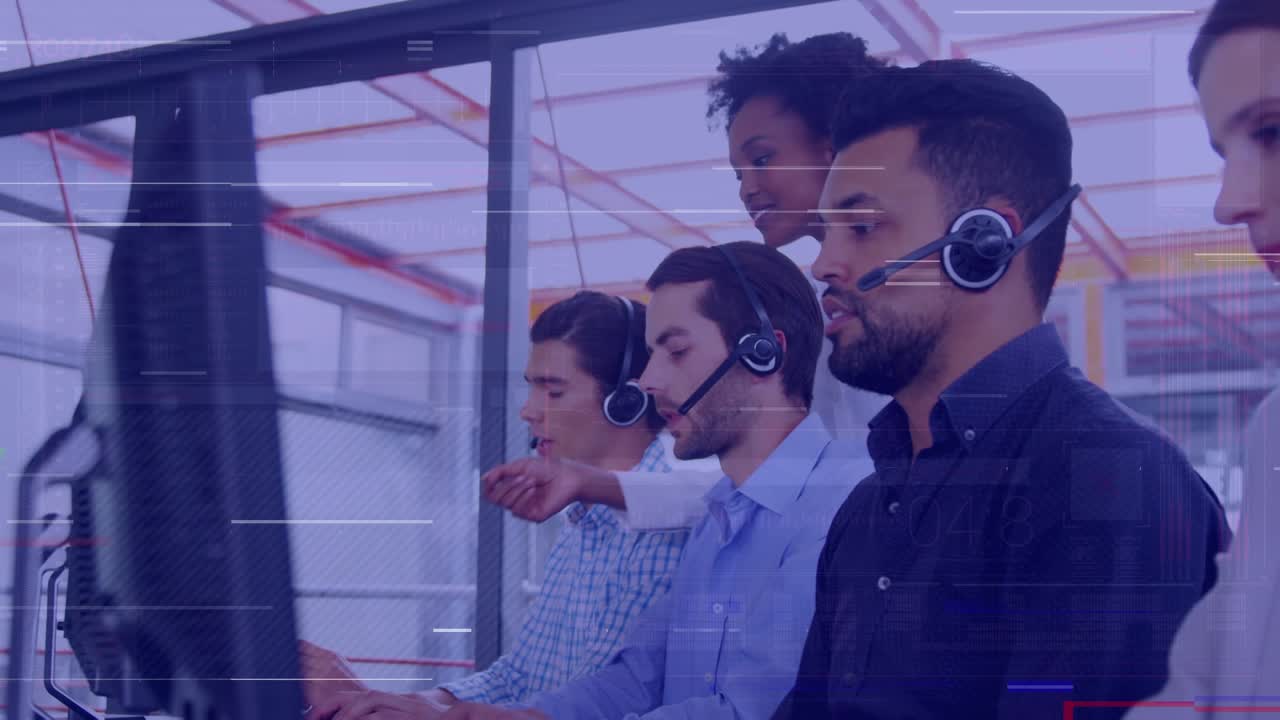 Animation of interference over diverse business people wearing phone headsets