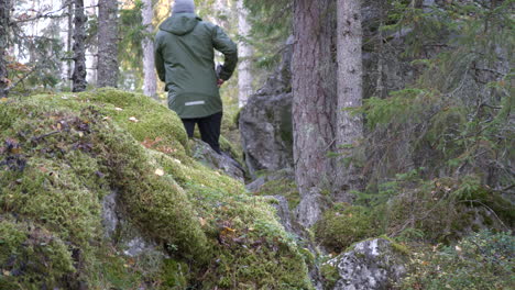 Vista-Trasera-Del-Hombre-Con-Chaqueta-Verde-Impermeable-Y-Sombrero-Caminando-En-Un-Paisaje-Escandinavo-Salvaje