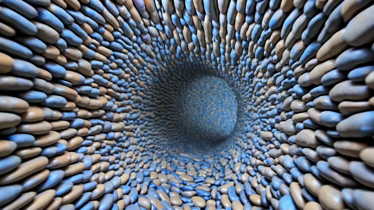 Abstract tunnel formed by smooth pebbles in varying shades of blue and brown, creating a mesmerizing visual flow and depth perception in a continuous motion sequence