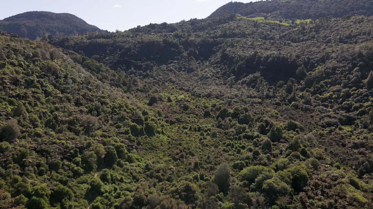 muñeca aérea en toma volando alto sobre un hermoso valle lleno de denso bosque