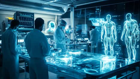 medical professionals working with virtual anatomy in a modern lab