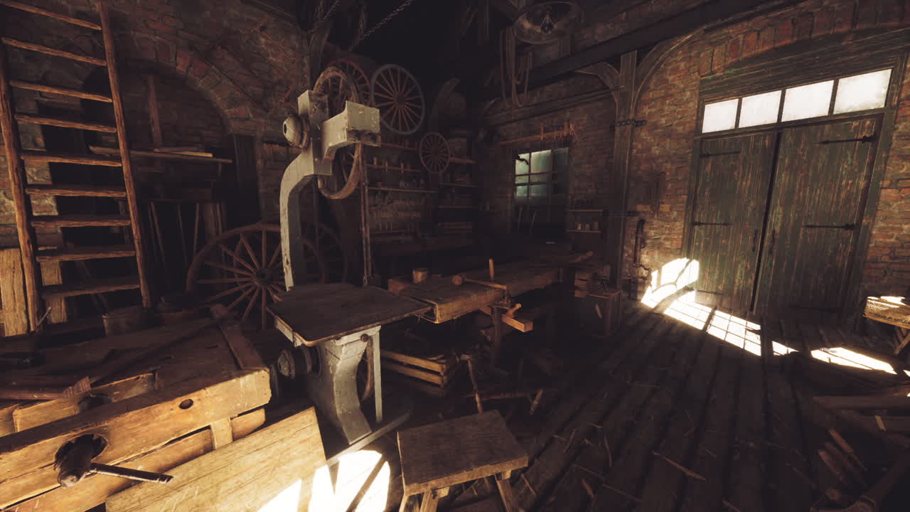 Woodworking workshop filled with tools and wooden carts in an old building