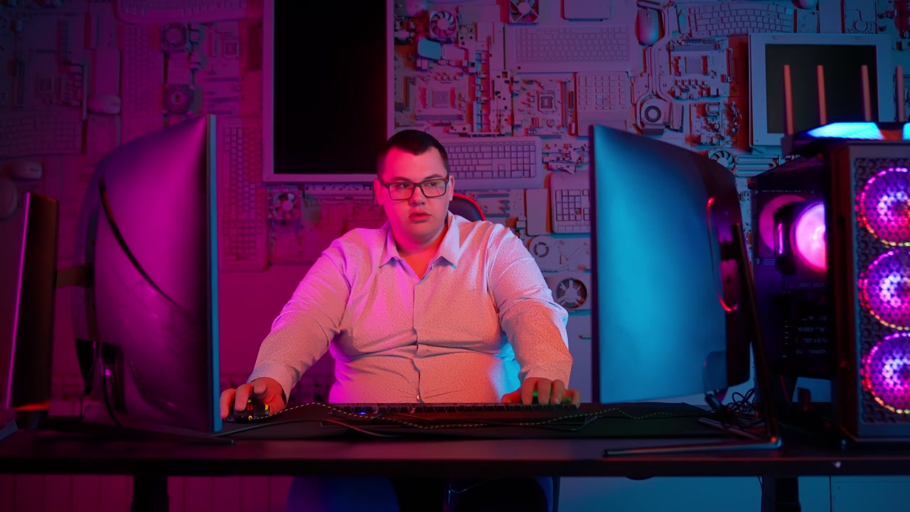 Mann mit Brille benutzt Computer mit RGB-Beleuchtung in einem Technikraum.