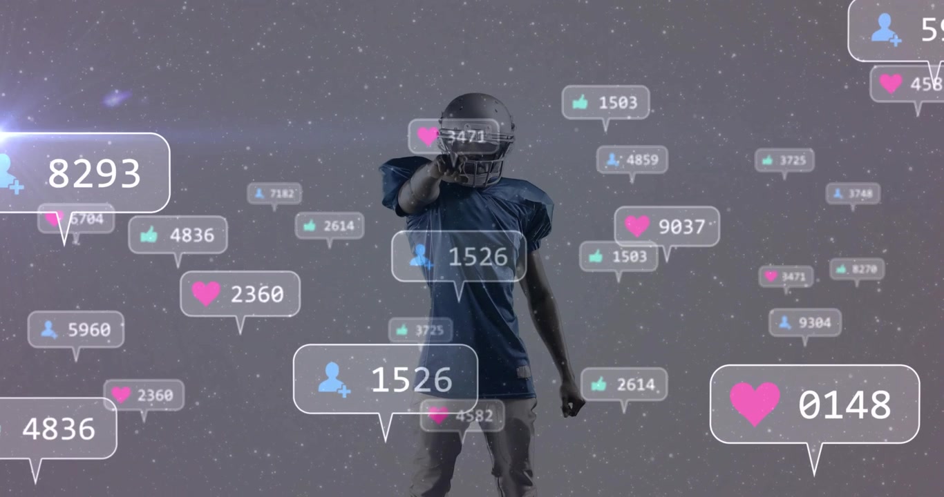 Football player tapping floating social media icons, updating social metrics for marketing
