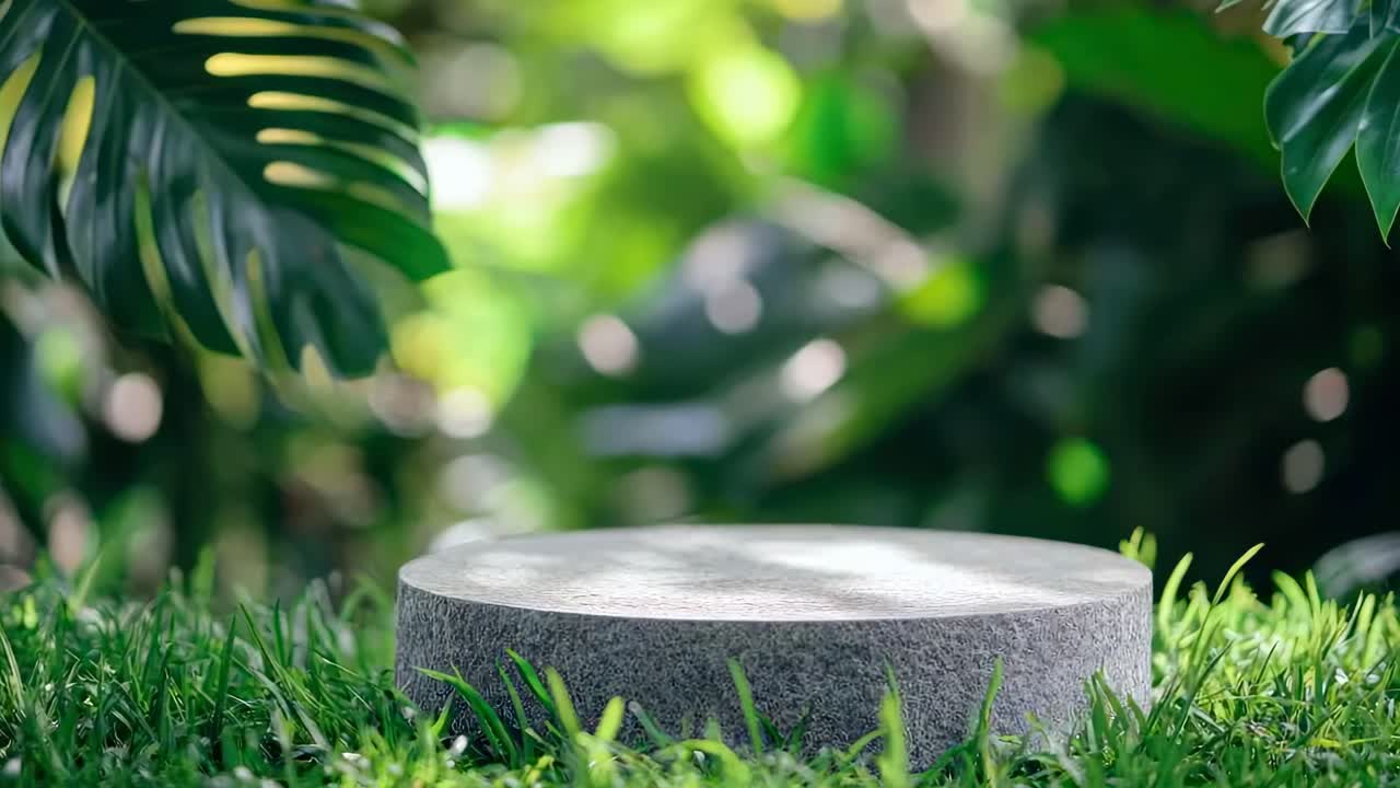 A close-up, eye-level shot of a round stone platform on grass, surrounded by lush greenery