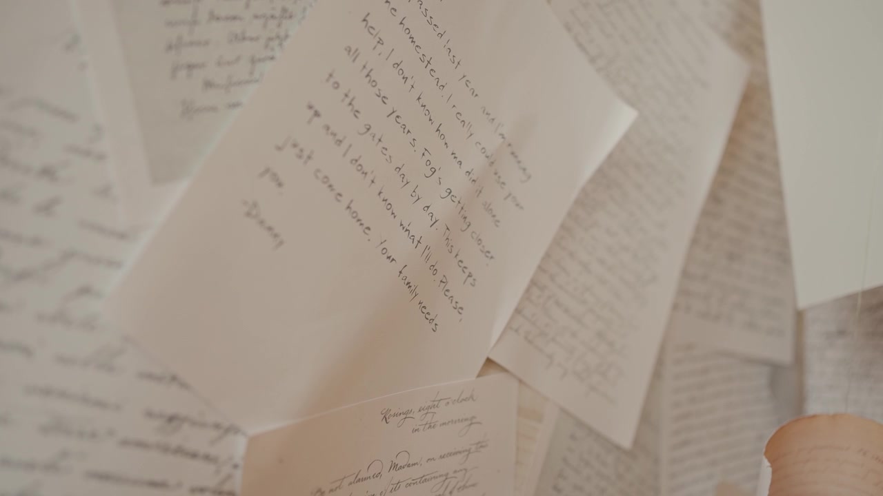 Handwritten letters layered on a wall, evoking nostalgia and Christmas warmth