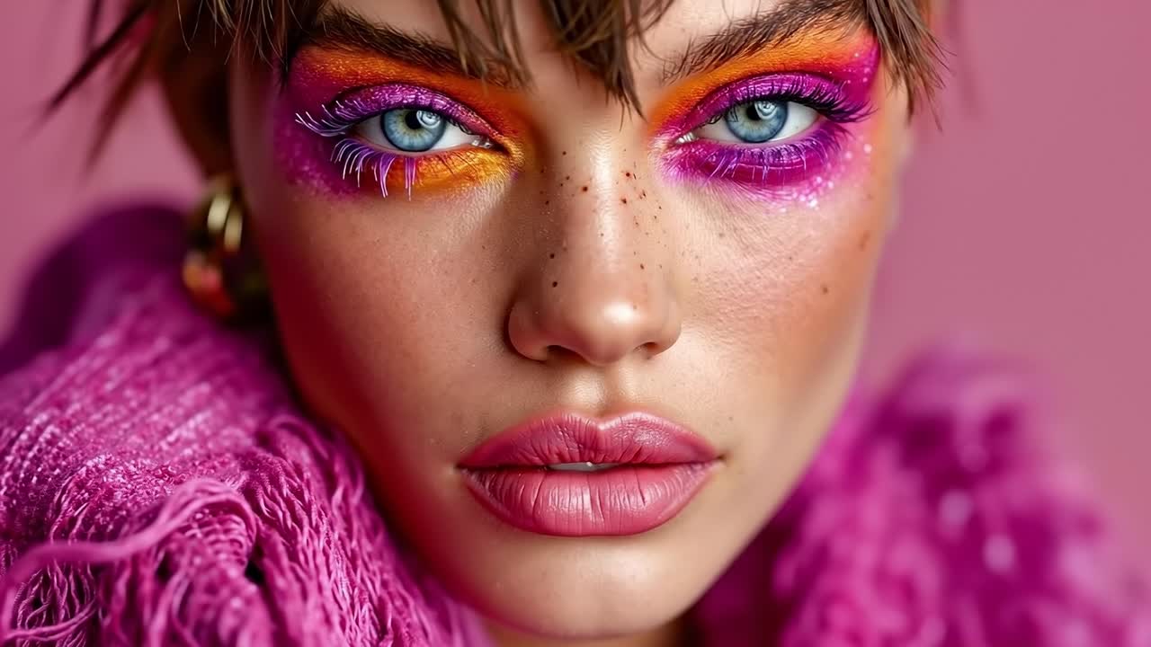 A woman with bright makeup and a pink scarf