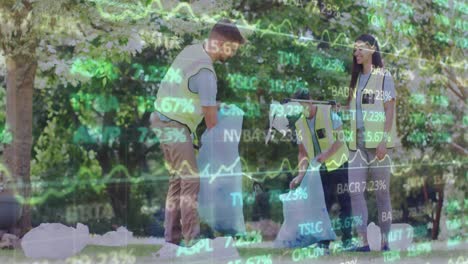 animación del procesamiento de datos financieros sobre diversas personas limpiando el parque.