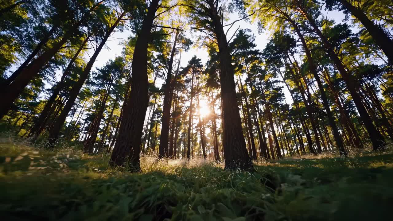 Un video con angolazione bassa che cattura la luce del sole che filtra attraverso alti alberi della foresta, creando un'atmosfera serena