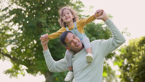 smile, piggyback and father with girl in nature