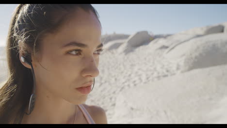 Start,-headphones-or-woman-at-a-beach-for-fitness