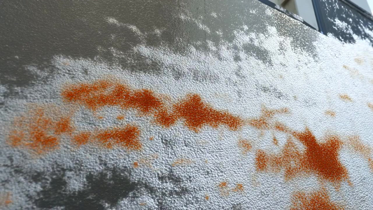 Materiale arancione fine si estende su granuli bianchi irregolari, unendosi in bande più dense e macchie sparse mentre porzioni della superficie scura e texturizzata rimangono esposte ovunque.