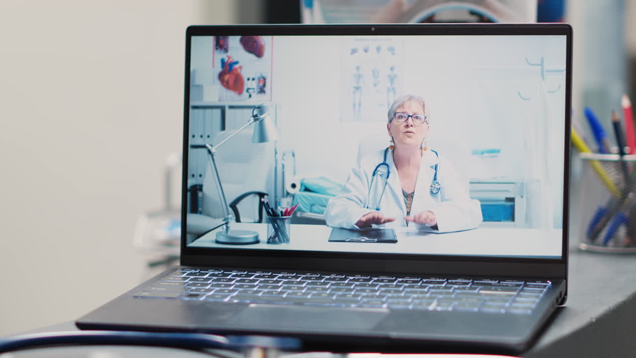 Laptop with medic on videocall at desk