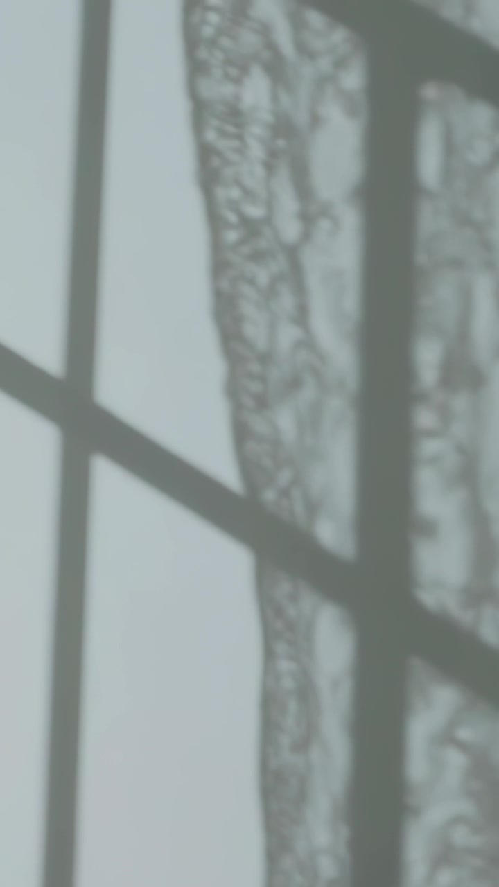 Vertical video: Shifting curtain after camera tilt revealing thin light slit across muntins at home