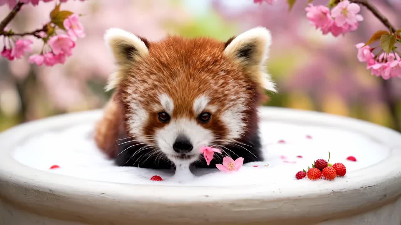 Cute Red Panda in a Flower Bath