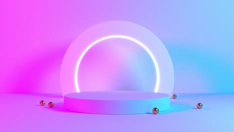 product stand blue pink violet neon abstract background, studio modern ultraviolet light, room pastel interior, glowing podium, performance stage decorations, stage for circle of light. 3d rendering