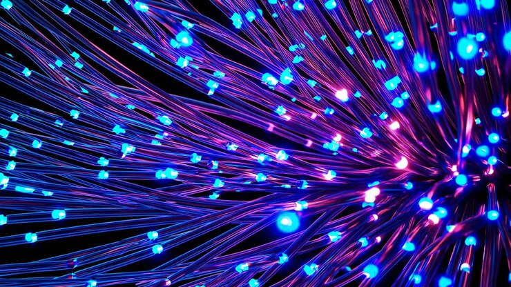 Dynamic close-up of glowing fiber optics in vibrant blue and pink hues, creating a futuristic