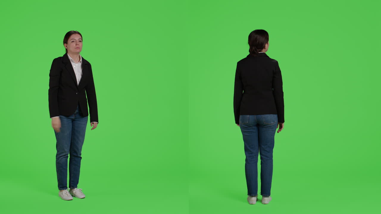 Woman in blazer and jeans pointing on green screen