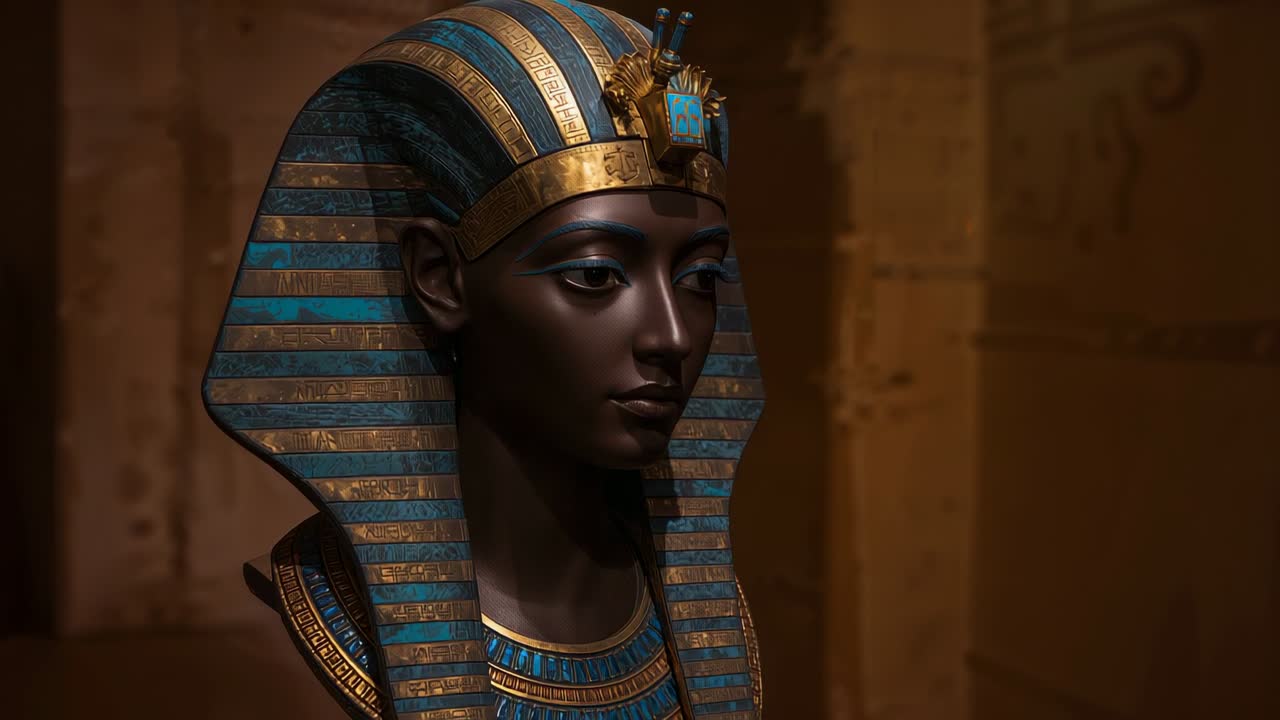 Swiveling camera showing bronze bust in museum, accentuating striped headdress and carved collar