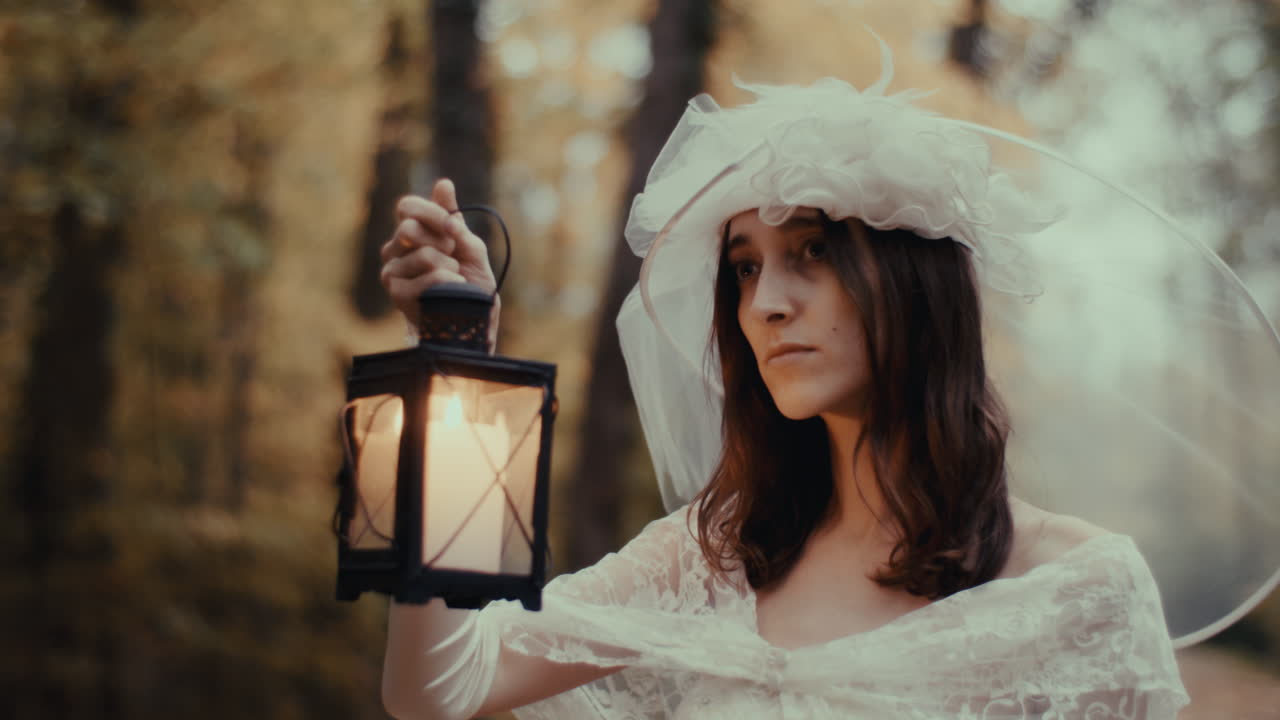 Woman in white dress and hat holding a lantern in a forest