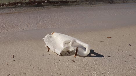 botella de plástico desgastada en una playa de arena con olas en el fondo