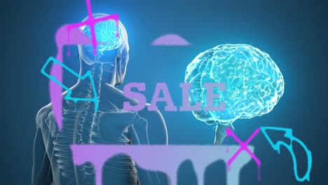 animación de texto de venta y múltiples símbolos sobre la representación humana y el cerebro digital.