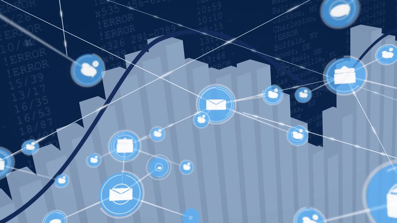 Envelope icon initiating connector lines, spawning nodes over finance chart, showing network growth