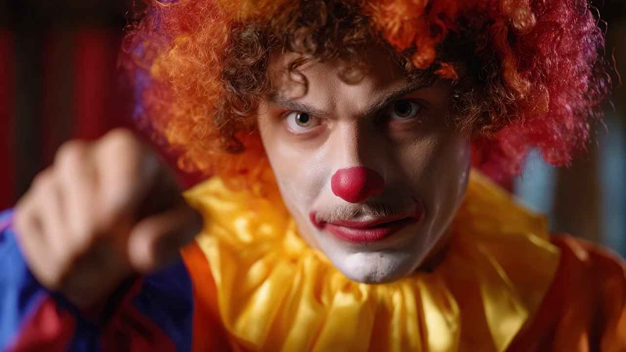 A Clown's Transformation: From Festivity to Menace in Two Frightening Frames Capturing the Essence of Fear and Laughter in a Mysterious Performance