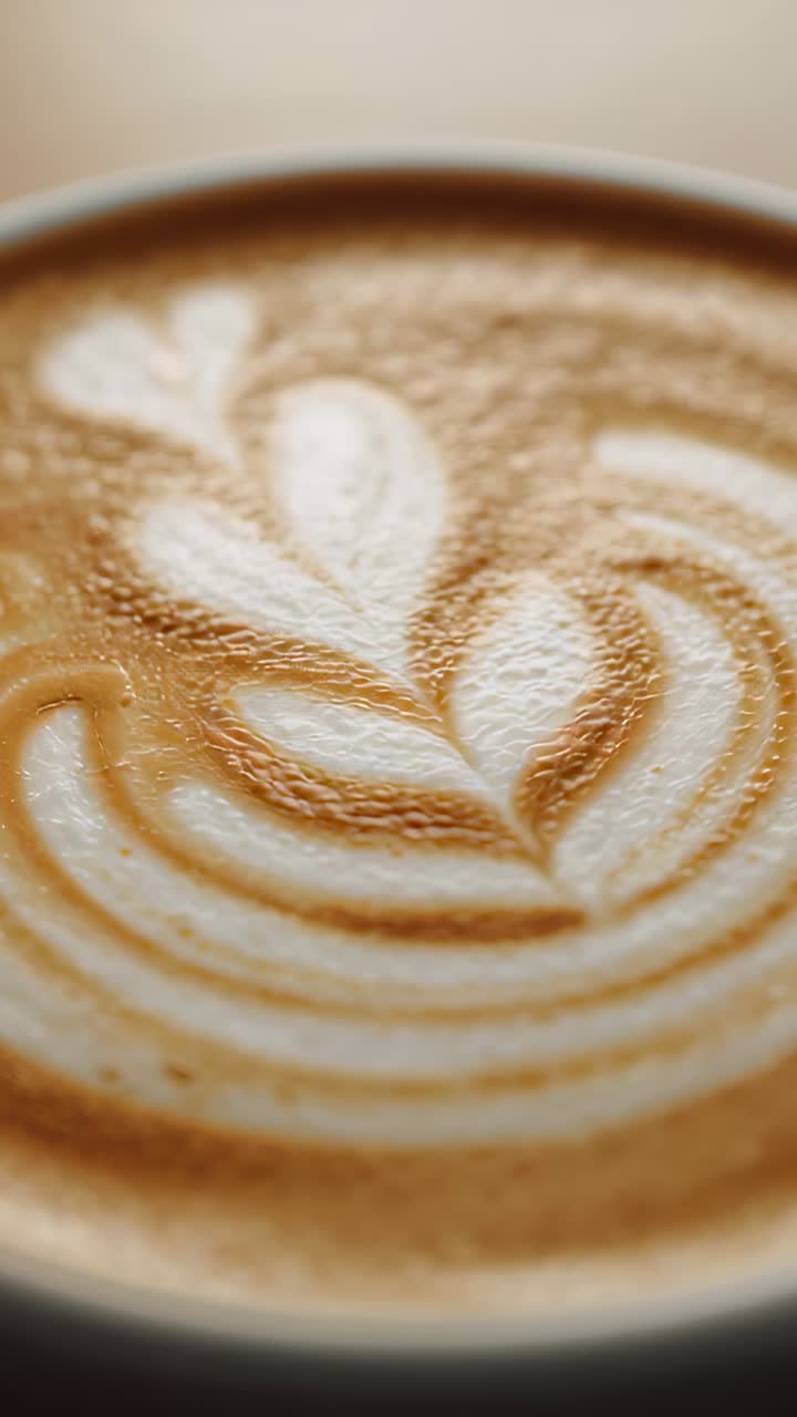 Vertical video: Focusing camera capturing latte cup revealing rosetta heart foam and crema on table