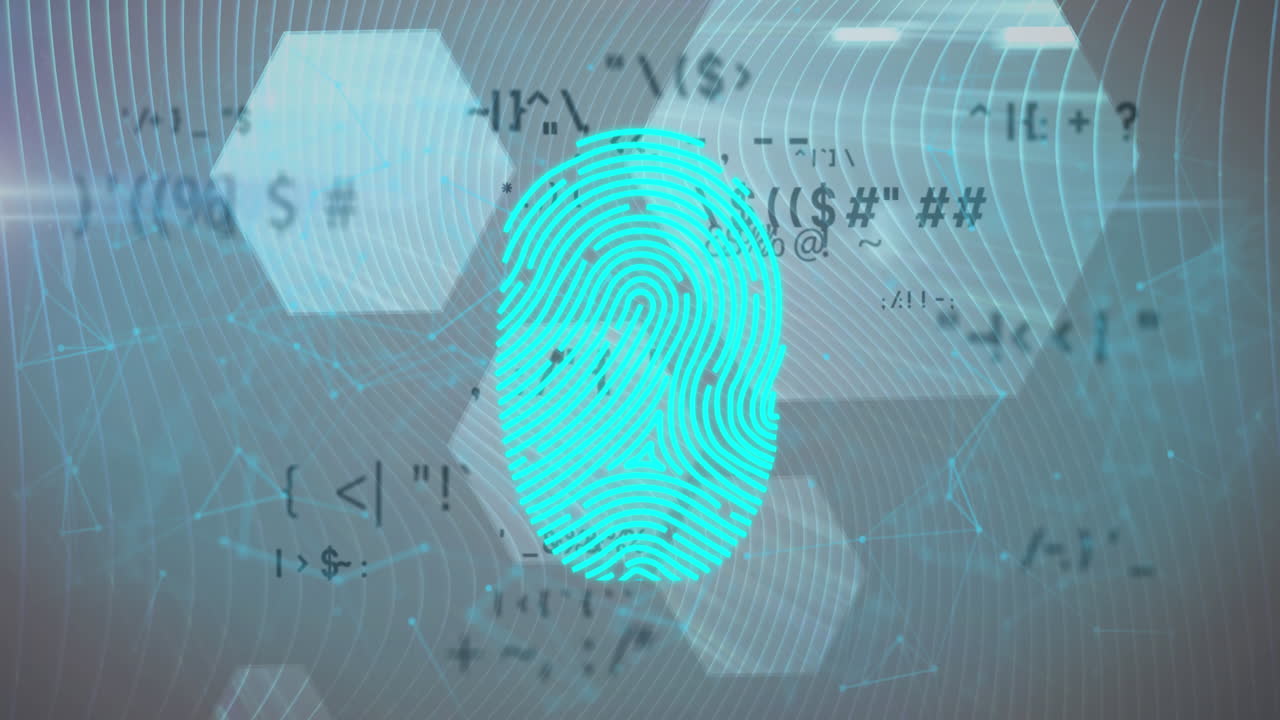 animación de huellas dactilares biométricas, candados de seguridad en línea y procesamiento de datos sobre hexágonos