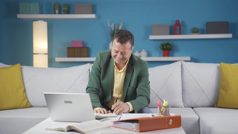 home office worker man is fun and cheerful.