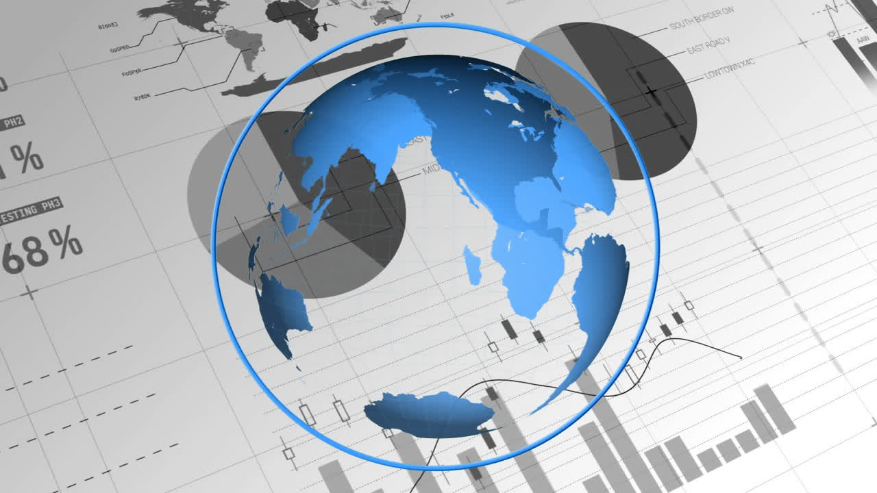 데이터 스크롤과 함께  ⁇ 색 배경에 대해 회전하는 디지털 지구
