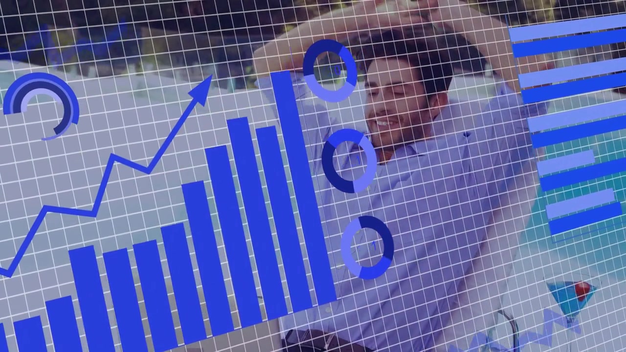 Man typing laptop poolside, initiating tech monitoring dashboard with bars and gauges sliding