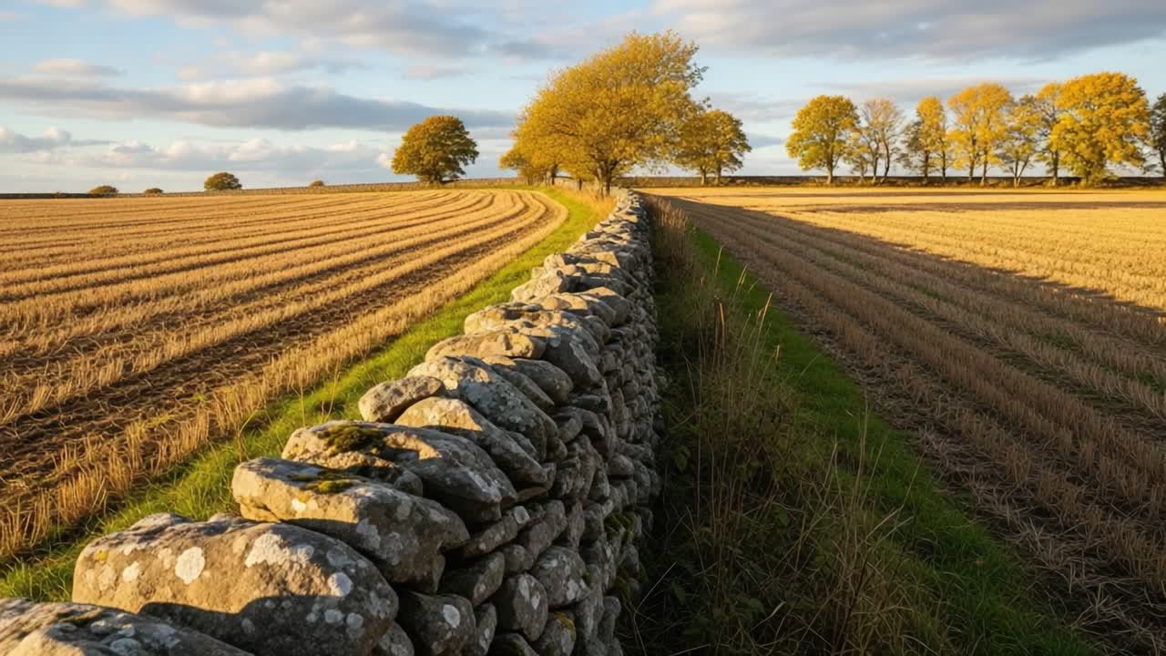 A Serene Autumn Landscape Showcasing a Rustic Stone Wall Dividing Two Fields Surrounded by Vibrant Trees Under a Beautifully Lit Sky