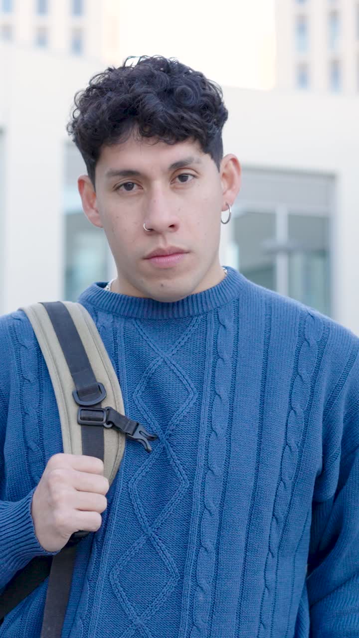 Hispanic student disapproving with thumbs down, various expressions. Vertical