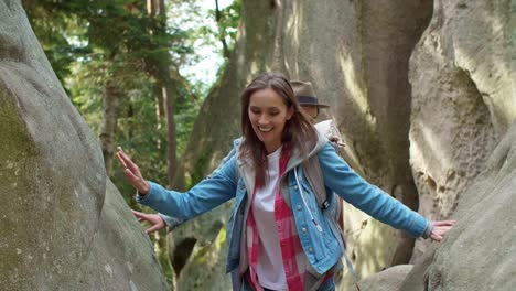 couple with backpacks during hiking trip